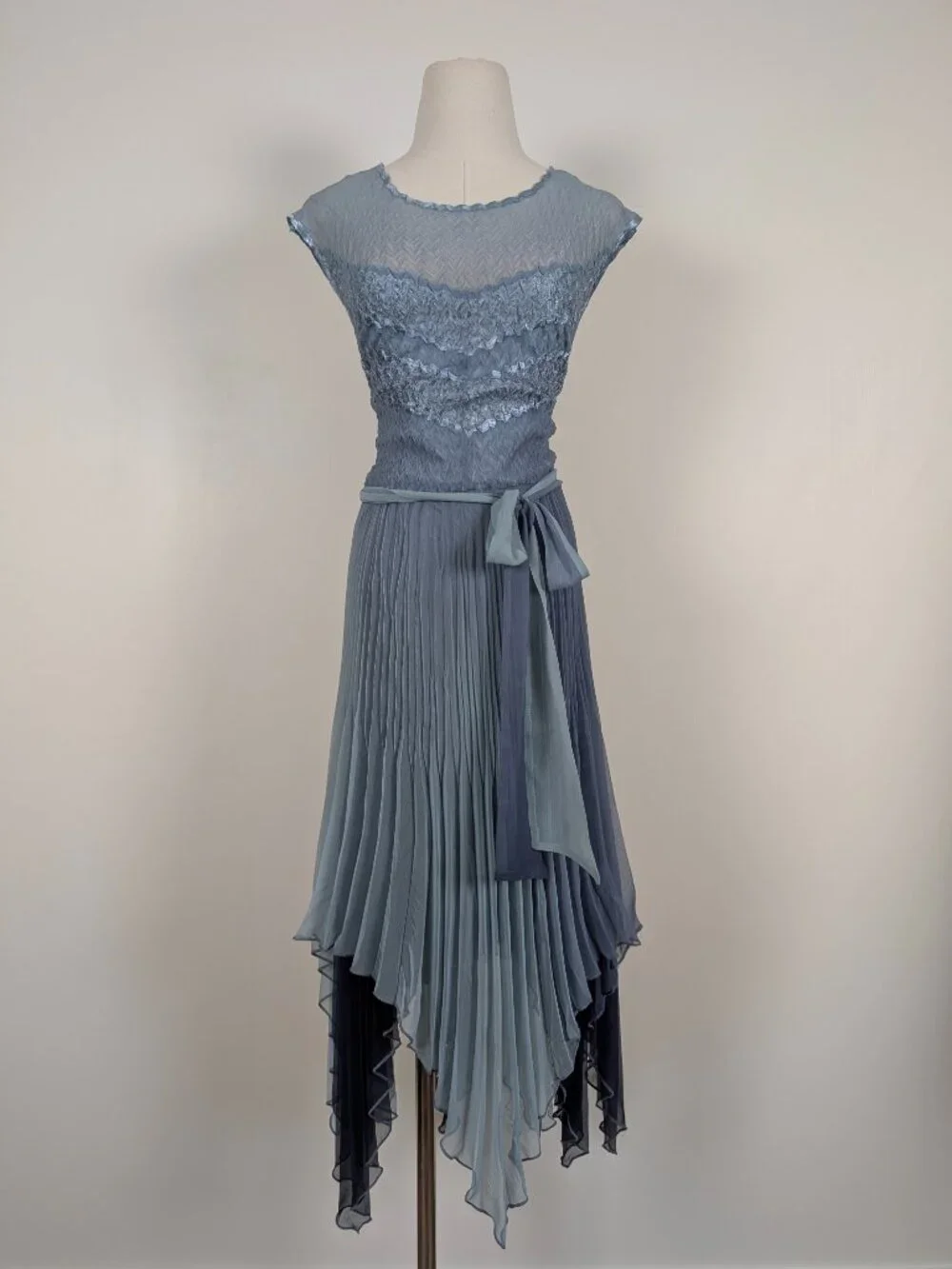 Komarov Asymmetrical Silk Midi Dress Size Large Pastel Blue Formal Sheer - Picture 10 of 16